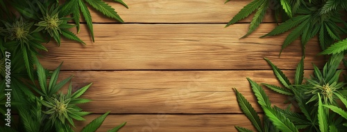 A Wooden Surface is Surrounded by Vibrant Green Cannabis Leaves, Showcasing a...