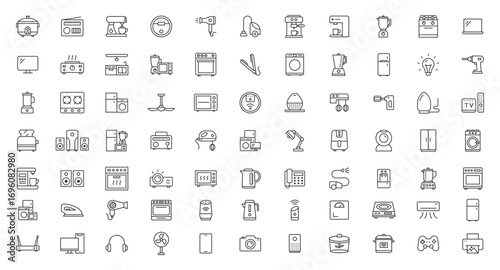 Home Appliances thin icons .Related icon set of household, kitchen machines: blender, food processor, mixer, coffee maker, toaster, and more vector line icon collection