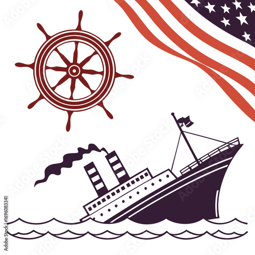 American flag waving over a sinking ship and a ship s wheel on the ocean