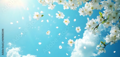 Cherry Blossoms Bloom Under a Clear Blue Sky With Petals Dancing in the Breez...