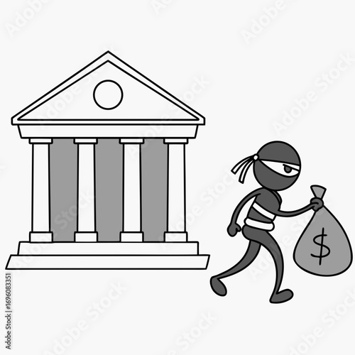 Cartoon ninja thief with money bag running away from a classical bank building with columns