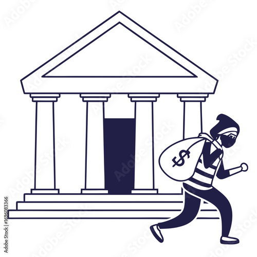 Cartoon thief wearing a mask and hat running away from a bank with a bag of money