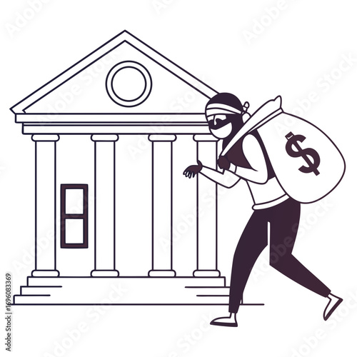 Cartoon thief wearing a mask and carrying a large bag of money escaping from a bank building