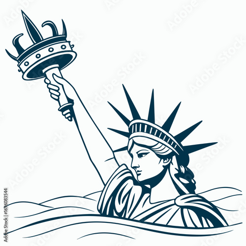 Iconic statue of liberty holding torch aloft emerging from stylized ocean waves in a graphic illustration style