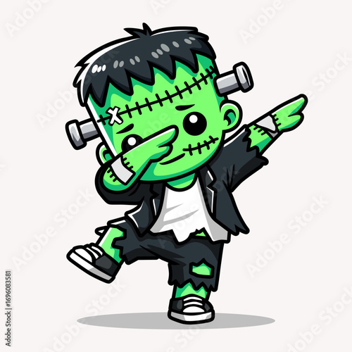 Cute cartoon illustration of Frankenstein monster doing dab dance pose. Fun Halloween character design perfect for stickers, t-shirts, party invitations, and kids decorations.