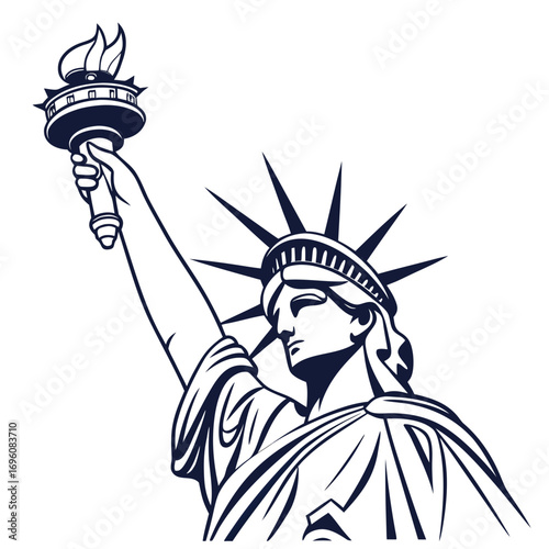 Iconic statue of liberty silhouette holding torch aloft against a clean white background