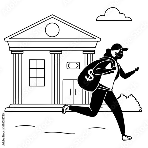 Person wearing a cap and mask running with a money bag after a bank robbery