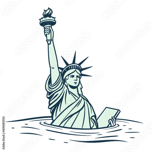 Statue of liberty partially submerged in water symbolizing climate change and rising sea levels