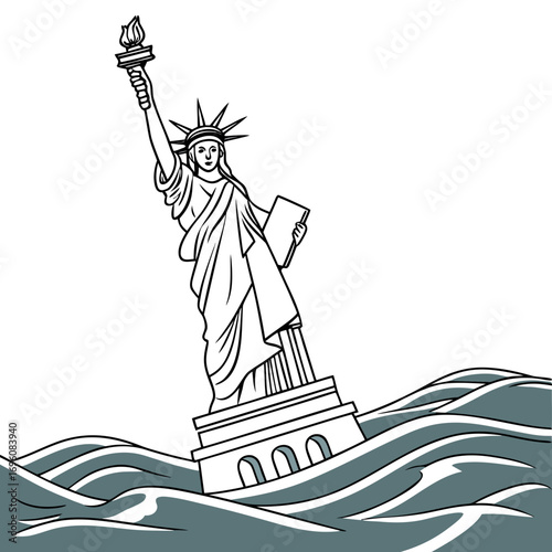Statue of liberty sinking into stormy ocean waves symbolizing crisis and disaster