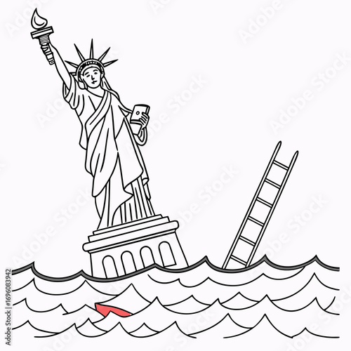 Statue of liberty sinking in ocean with ladder and red boat fragment symbolizing crisis
