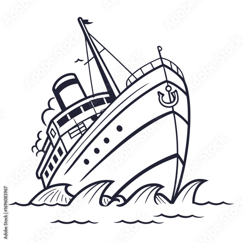 Stylized black and white illustration of a vintage steamship sailing through choppy waves