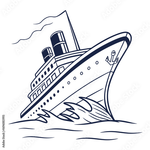 Stylized illustration of a grand ocean liner sailing through choppy blue waves under a clear sky