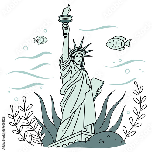 Stylized illustration of the statue of liberty with underwater elements like fish and plants