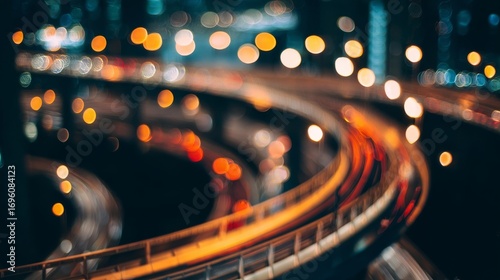 Urban night scene with bright street lights creating circular bokeh patterns,