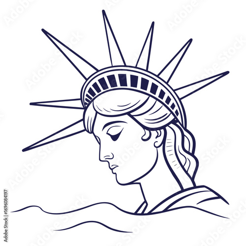 Stylized outline drawing of the statue of liberty s face in profile with iconic crown and wavy base