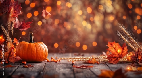 Colorful Autumn Pumpkin Arrangement With Leaves and Warm Lights on a Rustic W...