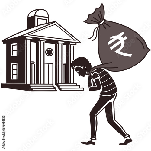 Thief carrying a large bag of money with indian rupee symbol away from a bank building