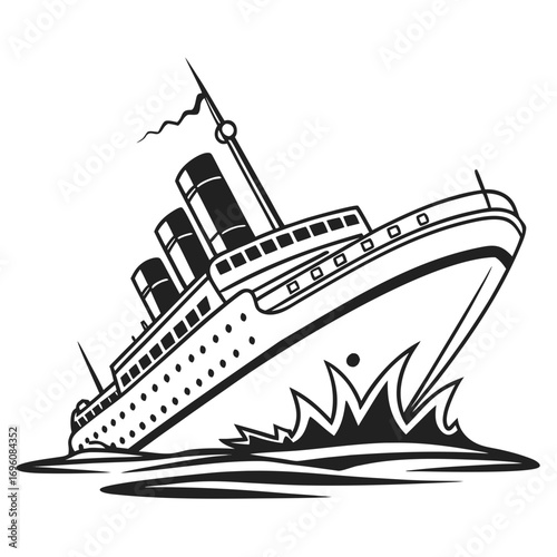 Vintage ocean liner sinking dramatically into rough seas with stylized waves and smoke stacks