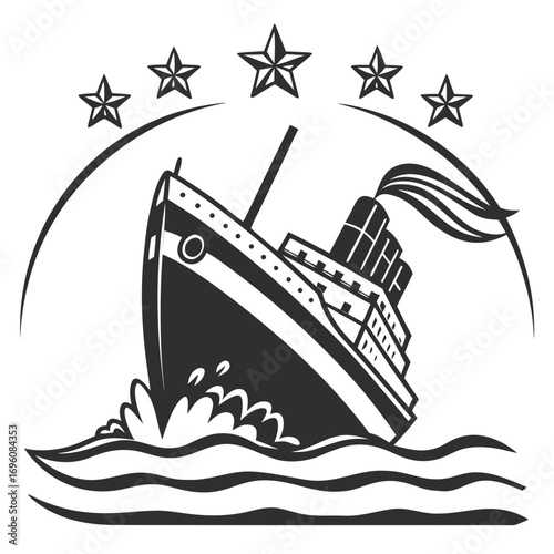 Vintage ocean liner sailing through rough waves under a starry sky arc