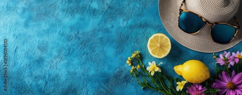 Summer Beach Accessories With Flowers and Citrus on Blue Background