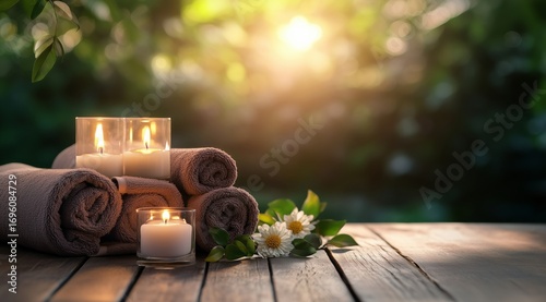 Relaxing Spa Setup With Candles, Towels, and Flowers During Golden Hour in a ...