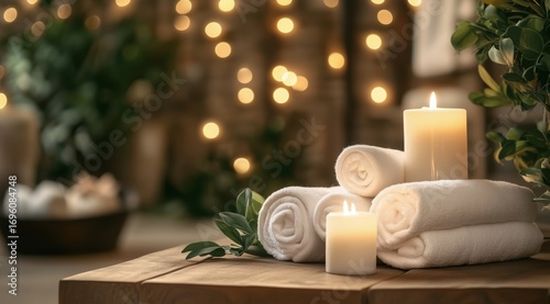 Relaxing Spa Setting With Candles and Fresh Towels in a Serene Indoor Environ...