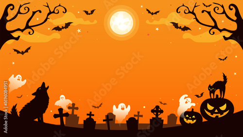 Halloween Background Vector illustration. Dog howling and cat hissing under the full moon