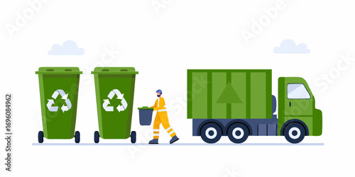 Sanitation worker in uniform collects trash from recycling bins next to a green garbage truck