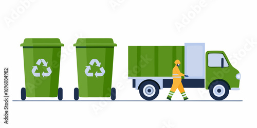 Sanitation worker in uniform walks towards a green garbage truck next to recycling bins
