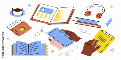 Collection of books and digital devices illustrating the concept of learning and entertainment