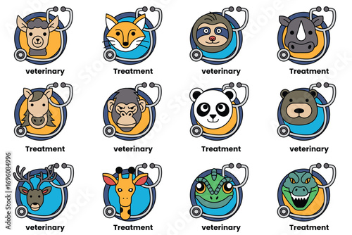 A collection of animal faces with the word Veterinary written below them