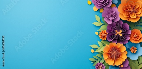 Colorful Paper Flowers Create a Vibrant Border on a Blue Background for Vario...