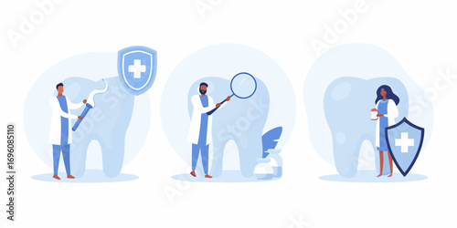 Dentists examining and protecting giant teeth with medical tools and shields representing dental care and hygiene