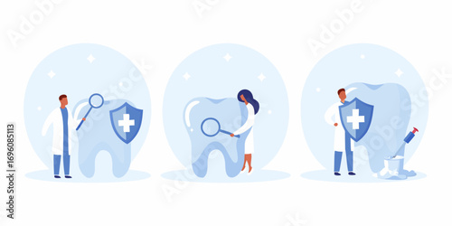 Dentists examining and protecting teeth with shields and magnifying glasses for dental care and hygiene