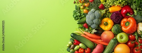 Colorful Assortment of Fresh Vegetables and Fruits Arranged on a Green Backgr...