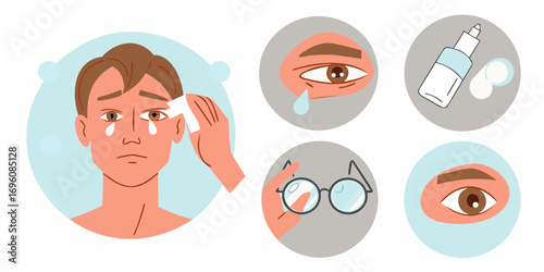 Man with tears wiping his eye and illustration of eye care and vision problems