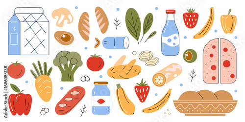 A whimsical collection of fresh food items and groceries in a flat design style