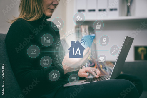 Woman uses a smartphone and laptop to manage smart home. Concept of home automation, IoT and controlling home systems remotely. Integration of technology into daily life for enhanced efficiency.