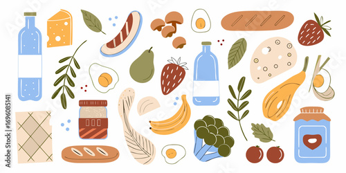 A colorful assortment of fresh food items and groceries arranged in a visually appealing flat design style