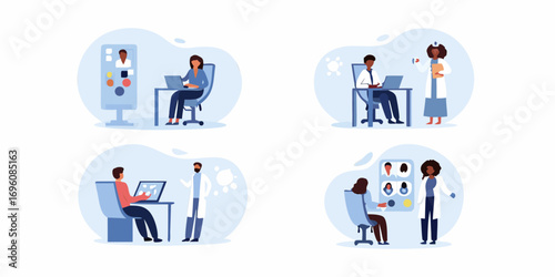 Diverse medical professionals collaborating and consulting with patients using technology and digital displays