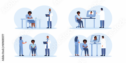 Diverse patients and doctors in medical consultations and telehealth appointments for healthcare services
