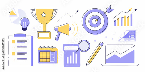 Collection of business strategy icons representing success planning and growth in a modern flat design style