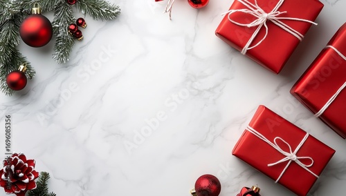 Festive Holiday Decorations Featuring Red Gifts and Ornaments on a Marble Sur...