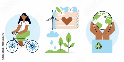 Illustration of eco friendly lifestyle choices including cycling renewable energy and planet care