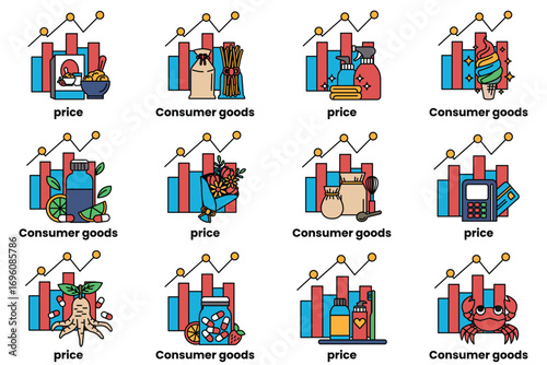 The image is a collection of different consumer goods with price tags