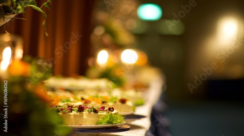 An elegantly set buffet with a variety of dishes on a long table,