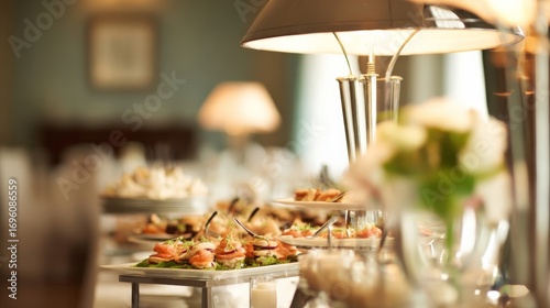 An elegant buffet setup with modern serving dishes, appetizers, and spirits,