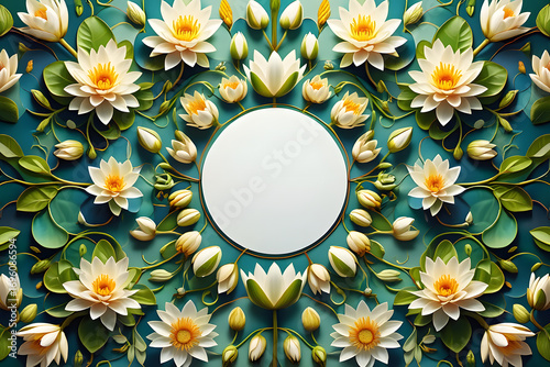 abstract floral frame with water lili flowers and buds