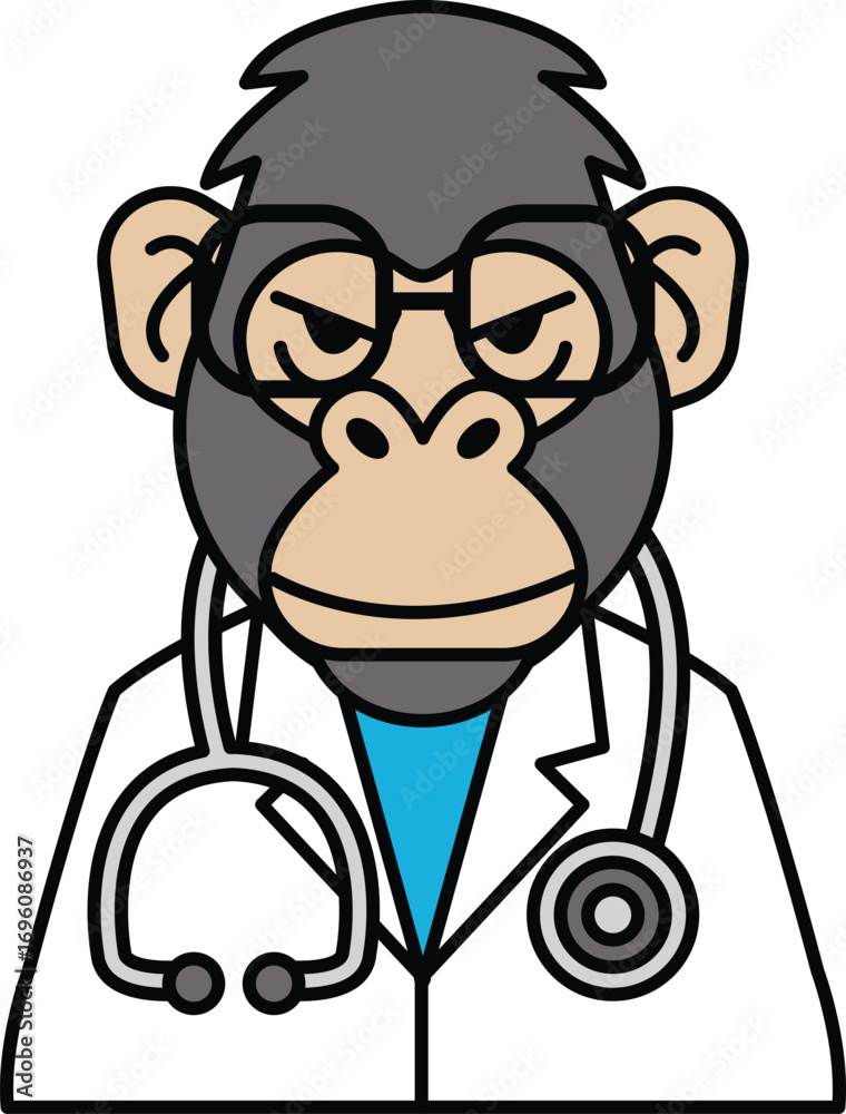 Obraz premium A cartoon monkey wearing a lab coat and glasses is wearing a stethoscope