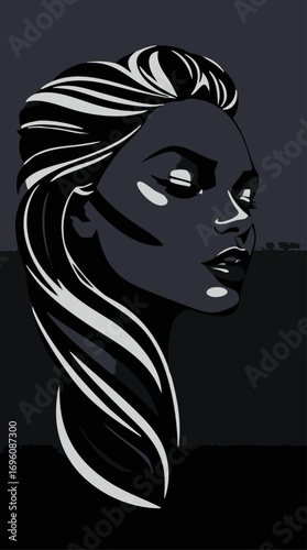 A striking illustration logo of a graceful jet black woman, her face and hair defined by hard, intense light and pure black hues, designed with clean geometric lines for visual clarity and elegance